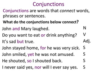 Conjunctions Conjunctions  are words that  connect  words, phrases or sentences.  What do the conjunctions below connect ?   John  and  Mary laughed.  Do you want to eat  or  drink anything?  It’s sad  but  true.  John stayed home,  for  he was very sick.  John smiled,  yet  he was not amused. He shouted,  so  I shouted back.  I never said yes,  nor  will I ever say yes.  N V Adj. S S S S 