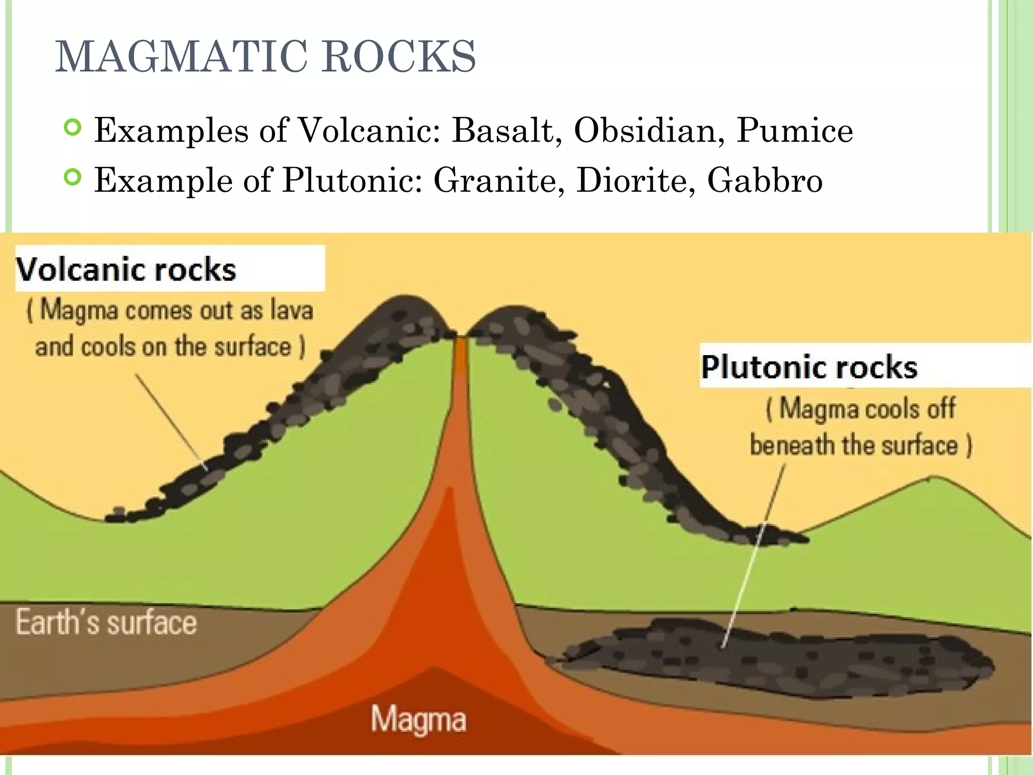 MAGMATIC ROCKS
 Examples of Volcanic: Basalt, Obsidian, Pumice
 Example of Plutonic: Granite, Diorite, Gabbro
 