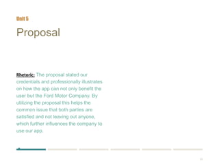 23
Proposal
Rhetoric: The proposal stated our
credentials and professionally illustrates
on how the app can not only benefit the
user but the Ford Motor Company. By
utilizing the proposal this helps the
common issue that both parties are
satisfied and not leaving out anyone,
which further influences the company to
use our app.
Unit 5
 