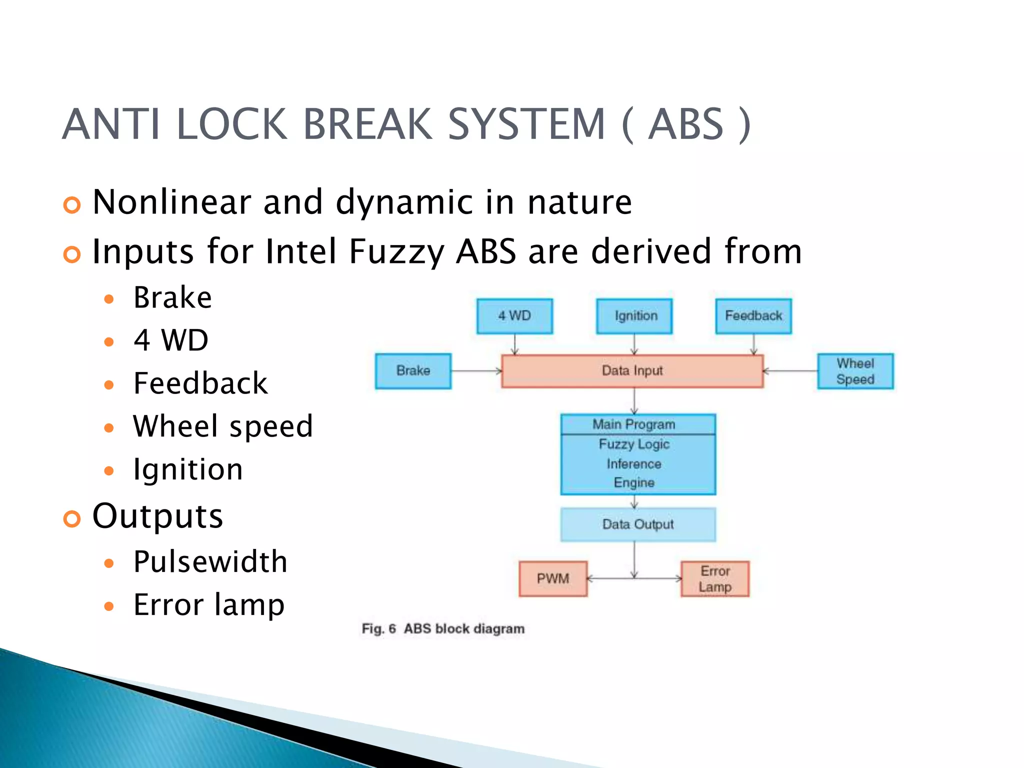 ANTI LOCK BREAK SYSTEM ( ABS )
 Nonlinear and dynamic in nature
 Inputs for Intel Fuzzy ABS are derived from
 Brake
 4 WD
 Feedback
 Wheel speed
 Ignition
 Outputs
 Pulsewidth
 Error lamp
 