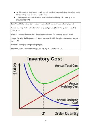 7
 At this stage, an order equal to Q is placed. It arrives at the end of the lead time, when
the inventory level becomes equal to zero.
 This amount is placed in stock all at once and the inventory level goes up to its
maximum level Q.
Total Variable Inventory Cost per year = Annual ordering cost +Annual carrying cost
Annual ordering Cost = (Number of orders placed per year) X (Ordering Cost per order) =
(D/Q) X Co
where D = Annual Demand; Q = Quantity per order and Co= ordering cost per order
Annual Carrying (holding cost) = Average inventory level X Carrying cost per unit per year =
(Q/2) X Cc
Where Cc = carrying cost per unit per year.
Therefore, Total Variable Inventory Cost = (D/Q) X Co + (Q/2) X Cc
 