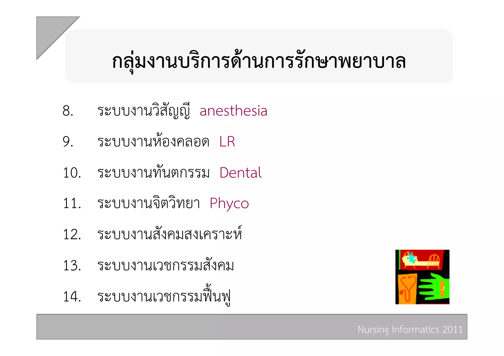 กลุมงานบริการดานการรักษาพยาบาล 
8.     ระบบงานวิสัญญี anesthesia 
9.     ระบบงานหองคลอด LR 
10.    ระบบงานทันตกรรม Dental 
11.    ระบบงานจิตวิทยา Phyco 
12.    ระบบงานสังคมสงเคราะห  
13.    ระบบงานเวชกรรมสังคม  
14.    ระบบงานเวชกรรมฟนฟู  
                                    Nursing Informatics 2011 
 