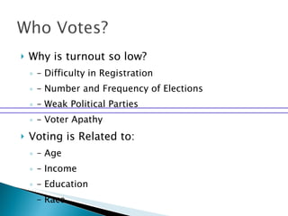 Why is turnout so low? – Difficulty in Registration – Number and Frequency of Elections – Weak Political Parties – Voter Apathy Voting is Related to: – Age – Income – Education – Race 