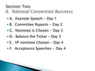 A.  Keynote Speech - Day 1 B.  Committee Reports - Day 2 C.  Nominee is Chosen - Day 3 D.  Balance the Ticket - Day 3 E.  VP nominee Chosen - Day 4 F.  Acceptance Speeches - Day 4 