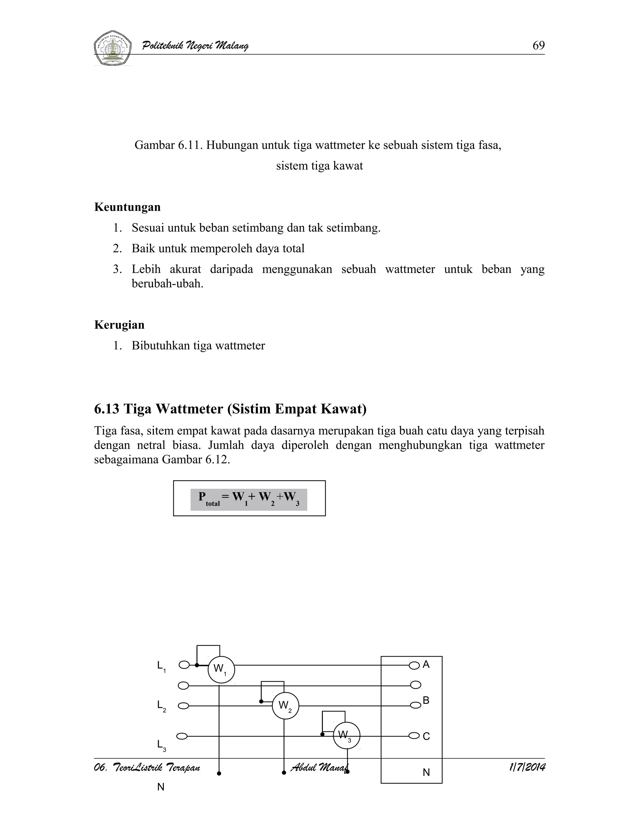 Politeknik Negeri Malang

69

Gambar 6.11. Hubungan untuk tiga wattmeter ke sebuah sistem tiga fasa,
sistem tiga kawat
Keuntungan
1. Sesuai untuk beban setimbang dan tak setimbang.
2. Baik untuk memperoleh daya total
3. Lebih akurat daripada menggunakan sebuah wattmeter untuk beban yang
berubah-ubah.
Kerugian
1. Bibutuhkan tiga wattmeter

6.13 Tiga Wattmeter (Sistim Empat Kawat)
Tiga fasa, sitem empat kawat pada dasarnya merupakan tiga buah catu daya yang terpisah
dengan netral biasa. Jumlah daya diperoleh dengan menghubungkan tiga wattmeter
sebagaimana Gambar 6.12.
Ptotal = W1+ W2 +W3

L1
L2
L3

06. TeoriListrik Terapan
N

A

W1

B

W2
W3

Abdul Manaf

C
N

1/7/2014

 