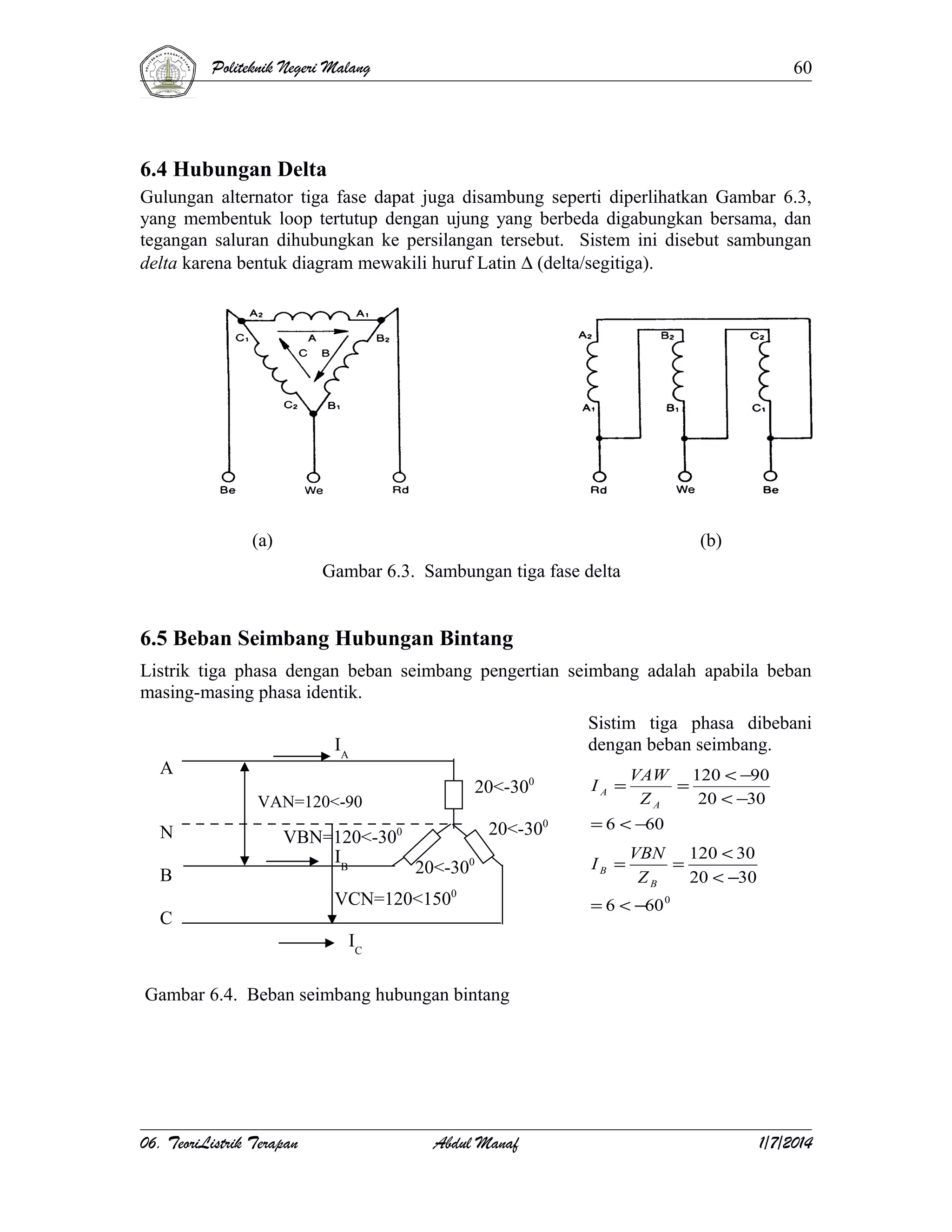 Politeknik Negeri Malang

60

6.4 Hubungan Delta
Gulungan alternator tiga fase dapat juga disambung seperti diperlihatkan Gambar 6.3,
yang membentuk loop tertutup dengan ujung yang berbeda digabungkan bersama, dan
tegangan saluran dihubungkan ke persilangan tersebut. Sistem ini disebut sambungan
delta karena bentuk diagram mewakili huruf Latin ∆ (delta/segitiga).

(a)

(b)
Gambar 6.3. Sambungan tiga fase delta

6.5 Beban Seimbang Hubungan Bintang
Listrik tiga phasa dengan beban seimbang pengertian seimbang adalah apabila beban
masing-masing phasa identik.
Sistim tiga phasa dibebani
dengan beban seimbang.

IA

A

20<-300

VAN=120<-90

N
B

VBN=120<-300
IB

C

20<-300
20<-300

VCN=120<1500

IA =

VAW 120 < −90
=
ZA
20 < −30

= 6 < −60

IB =

VBN 120 < 30
=
ZB
20 < −30

= 6 < −60 0

IC
Gambar 6.4. Beban seimbang hubungan bintang

06. TeoriListrik Terapan

Abdul Manaf

1/7/2014

 