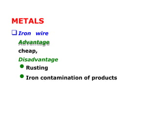METALS
Iron wire
Advantage
cheap,
Disadvantage
•Rusting
•Iron contamination of products
 