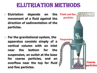 ELUTRIATION METHODS
 Elutriation depends on the
movement of a fluid against the
direction of sedimentation of the
particles.
 For the gravitational system, the
apparatus consists simply of a
vertical column with
near the bottom
an inlet
for the
suspension, an outlet at the base
for coarse particles, and an
overflow near the top for fluid
and fine particles.
Fluid and fine
particles
Suspension
Coarse
particles
 