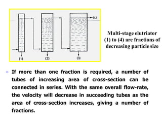  If more than one fraction is required, a number of
tubes of increasing area of cross-section can be
connected in series. With the same overall flow-rate,
the velocity will decrease in succeeding tubes as the
area of cross-section increases, giving a number of
fractions.
Multi-stage elutriator
(1) to (4) are fractions of
decreasing particle size
 