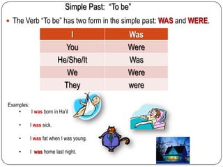 Simple Past: “To be”
 The Verb “To be” has two form in the simple past: WAS and WERE.

I
You
He/She/It
We
They
Examples:
•
I was born in Ha’il
•

I was sick.

•

I was fat when I was young.

•

I was home last night.

Was
Were
Was
Were
were

 