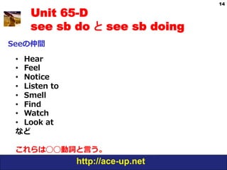 14

     Unit 65-D
     see sb do と see sb doing
Seeの仲間

 •  Hear
 •  Feel
 •  Notice
 •  Listen  to
 •  Smell
 •  Find
 •  Watch
 •  Look  at
 など

 これらは◯◯動詞と⾔言う。
                 http://ace-up.net
 