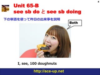 4

   Unit 65-B
   see sb do と see sb doing
下の単語を使って昨⽇日の出来事を説明
                                 Beth




    I,  see,  100  doughnuts

             http://ace-up.net
 