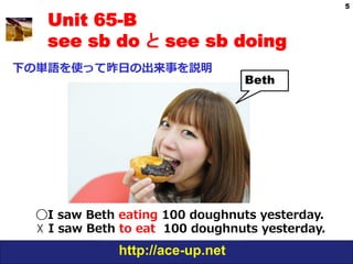 5

    Unit 65-B
    see sb do と see sb doing
下の単語を使って昨⽇日の出来事を説明
                                         Beth




  ◯I  saw  Beth  eating  100  doughnuts  yesterday.  
  ☓  I  saw  Beth  to  eat    100  doughnuts  yesterday.  
                 http://ace-up.net
 