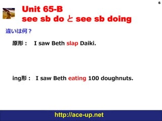 6

    Unit 65-B
    see sb do と see sb doing
違いは何？

 原形： 　I  saw  Beth  slap  Daiki.




 ing形：    I  saw  Beth  eating  100  doughnuts.  




                 http://ace-up.net
 
