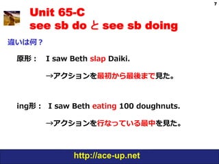 7

    Unit 65-C
    see sb do と see sb doing
違いは何？

 原形： 　I  saw  Beth  slap  Daiki.

        　→アクションを最初から最後まで⾒見見た。



 ing形：    I  saw  Beth  eating  100  doughnuts.

        　→アクションを⾏行行なっている最中を⾒見見た。  



                 http://ace-up.net
 