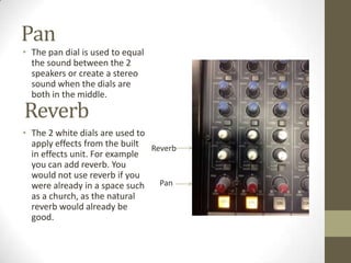 Pan
• The pan dial is used to equal
the sound between the 2
speakers or create a stereo
sound when the dials are
both in the middle.
• The 2 white dials are used to
apply effects from the built
in effects unit. For example
you can add reverb. You
would not use reverb if you
were already in a space such
as a church, as the natural
reverb would already be
good.
Pan
Reverb
Reverb
 