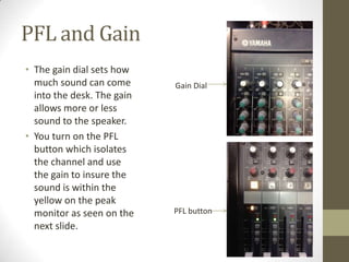 PFL and Gain
• The gain dial sets how
much sound can come
into the desk. The gain
allows more or less
sound to the speaker.
• You turn on the PFL
button which isolates
the channel and use
the gain to insure the
sound is within the
yellow on the peak
monitor as seen on the
next slide.
PFL button
Gain Dial
 