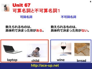 http://ace-up.net
Unit 67
可算名詞と不可算名詞１
可算名詞 不可算名詞
8
laptop winechild bread
数えられるものは、
具体的で決まった形がある。
数えられるものは、
具体的で決まった形がない。
 