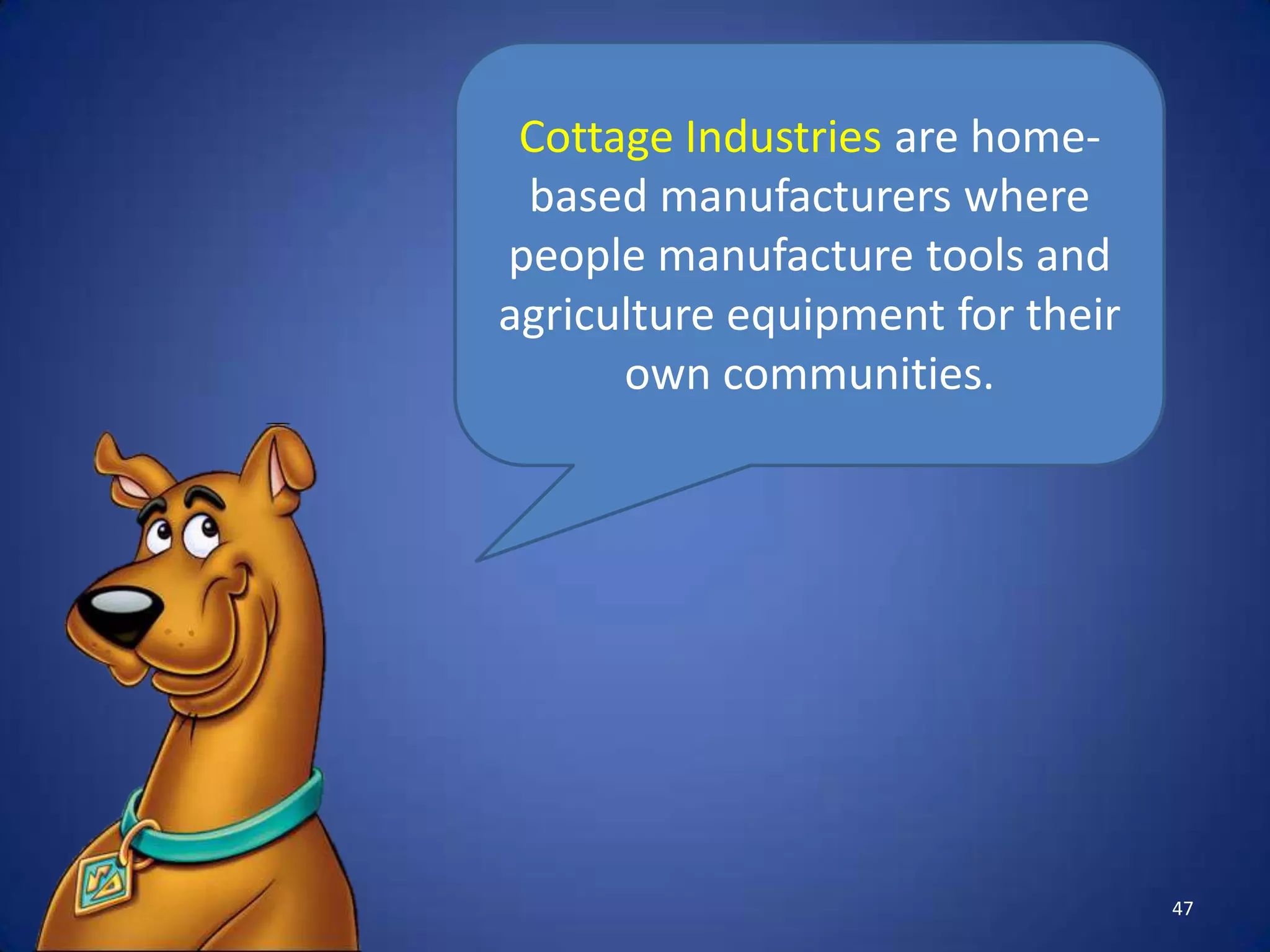 Cottage Industries are home-
 based manufacturers where
people manufacture tools and
agriculture equipment for their
      own communities.




                                  47
 