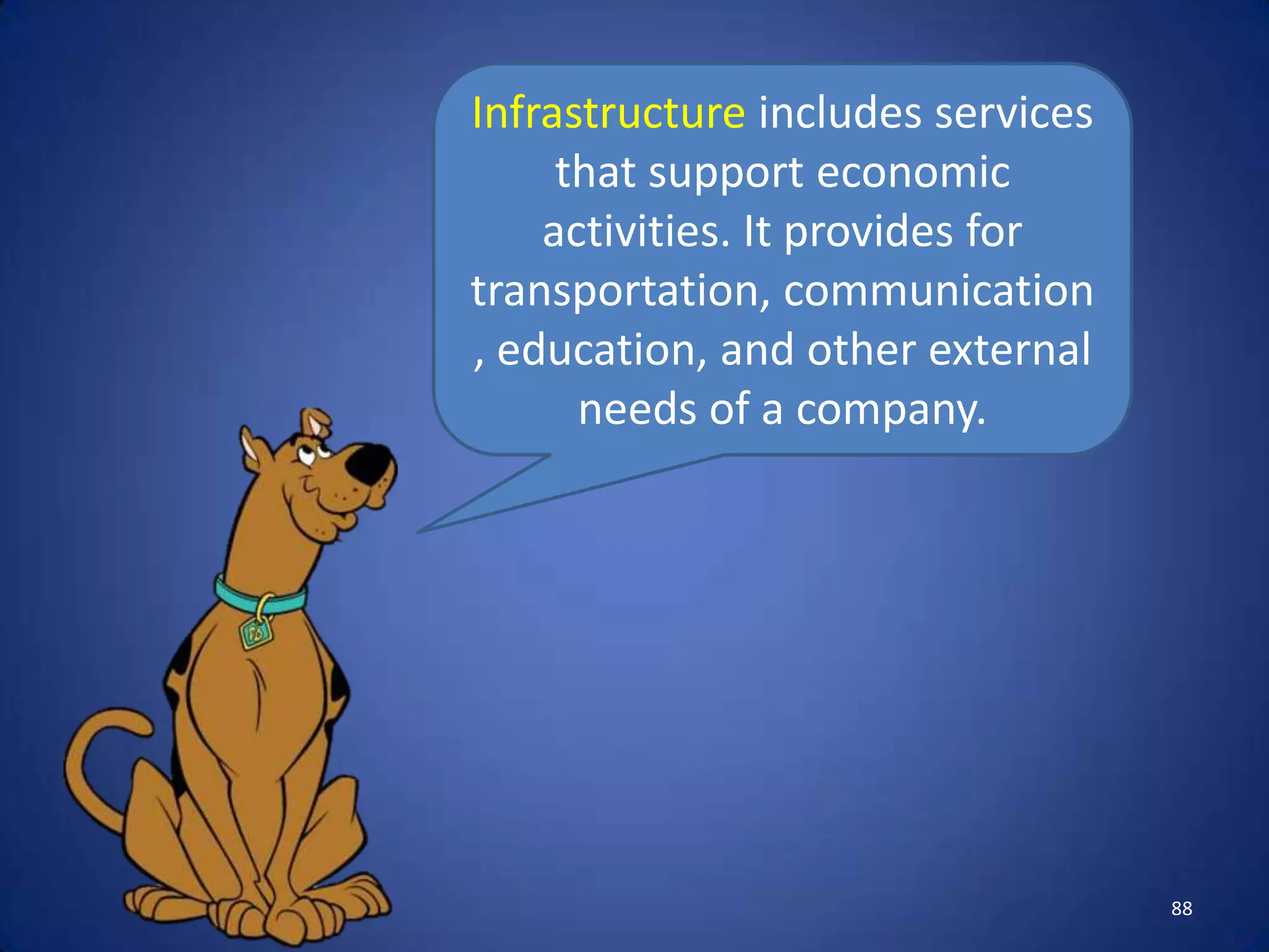 Infrastructure includes services
     that support economic
    activities. It provides for
transportation, communication
, education, and other external
      needs of a company.




                                   88
 