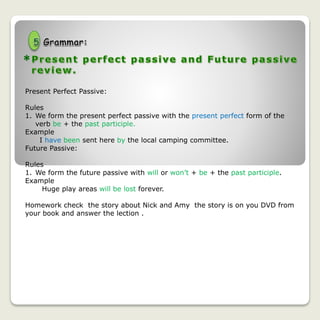 ACTIVITY 2
In pair you will hear an interview on a radio show about fame. Read through
the questions and work together, try to predict the answers that will be
given.
*
Rules:
1. Mustn’t is often used in the same way as can’t to express
prohibition or something that is not allowed.
Example:
You can’t walk on the grass.
(because you are not allowed to)
You mustn’t walk on the grass:
(because somebody says it is not allowed)
2. The correct way to use to with modal verbs is.
Example:
I have to go now. ( I have go now )
I must go now. ( I must to go now )
3. The correct way to use the negative of have to ( haven’t to) is
mustn’t.
Example:
You mustn’t eat that! ( You haven’t to eat that! )
 