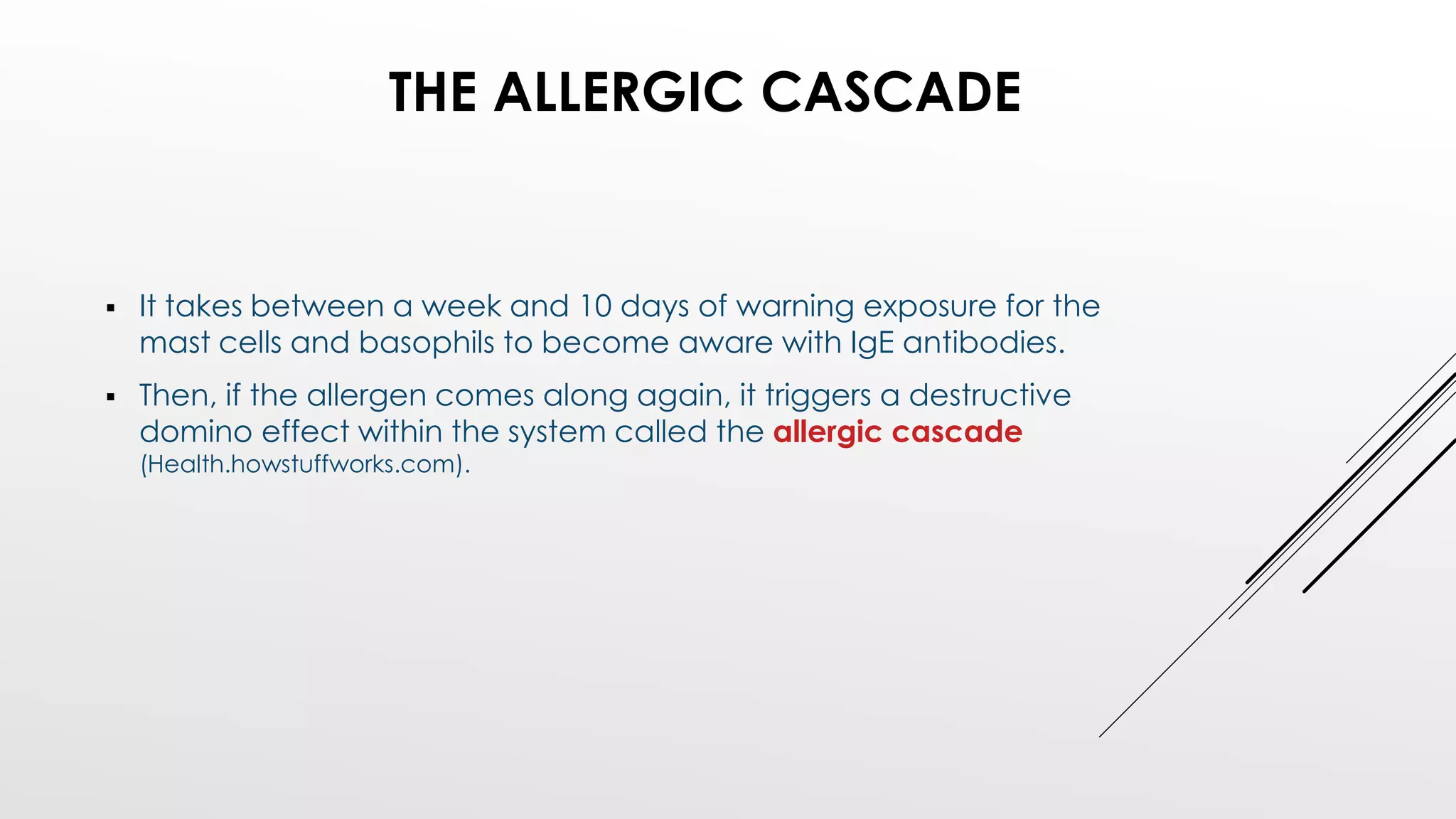 THE ALLERGIC CASCADE
 It takes between a week and 10 days of warning exposure for the
mast cells and basophils to become aware with IgE antibodies.
 Then, if the allergen comes along again, it triggers a destructive
domino effect within the system called the allergic cascade
(Health.howstuffworks.com).
 