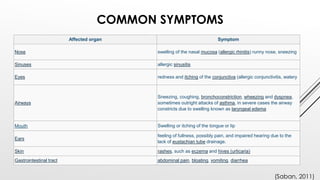 COMMON SYMPTOMS
Affected organ Symptom
Nose swelling of the nasal mucosa (allergic rhinitis) runny nose, sneezing
Sinuses allergic sinusitis
Eyes redness and itching of the conjunctiva (allergic conjunctivitis, watery
Airways
Sneezing, coughing, bronchoconstriction, wheezing and dyspnea,
sometimes outright attacks of asthma, in severe cases the airway
constricts due to swelling known as laryngeal edema
Mouth Swelling or itching of the tongue or lip
Ears
feeling of fullness, possibly pain, and impaired hearing due to the
lack of eustachian tube drainage.
Skin rashes, such as eczema and hives (urticaria)
Gastrointestinal tract abdominal pain, bloating, vomiting, diarrhea
(Saban, 2011)
 