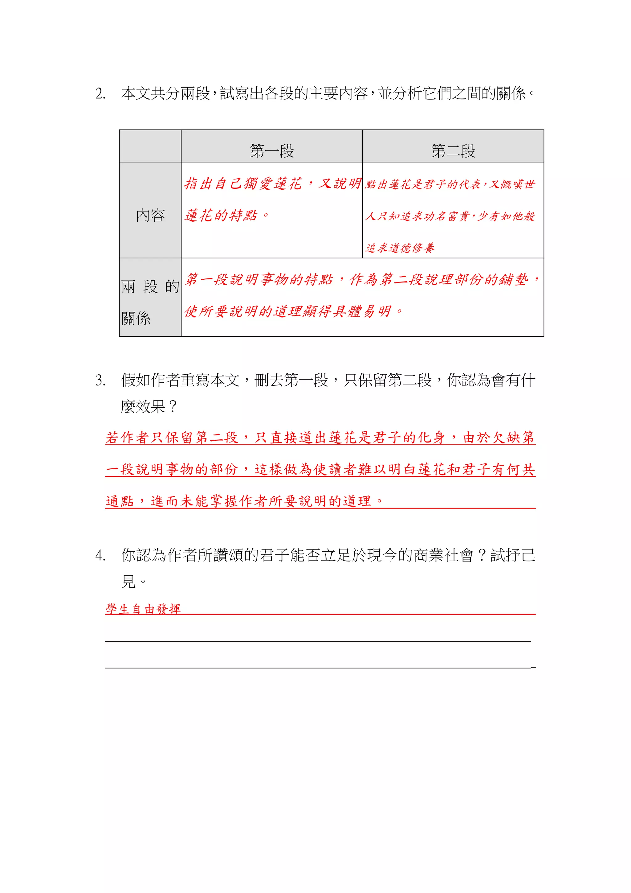 2. 本文共分兩段，試寫出各段的主要內容，並分析它們之間的關係。
第一段 第二段
內容
指出自己獨愛蓮花，又說明
蓮花的特點。
點出蓮花是君子的代表，又慨嘆世
人只知追求功名富貴，少有如他般
追求道德修養
兩 段 的
關係
第一段說明事物的特點，作為第二段說理部份的鋪墊，
使所要說明的道理顯得具體易明。
3. 假如作者重寫本文，刪去第一段，只保留第二段，你認為會有什
麼效果？
若作者只保留第二段，只直接道出蓮花是君子的化身，由於欠缺第
一段說明事物的部份，這樣做為使讀者難以明白蓮花和君子有何共
通點，進而未能掌握作者所要說明的道理。
4. 你認為作者所讚頌的君子能否立足於現今的商業社會？試抒己
見。
學生自由發揮
___________________________________________________________________
___________________________________________________________________
 