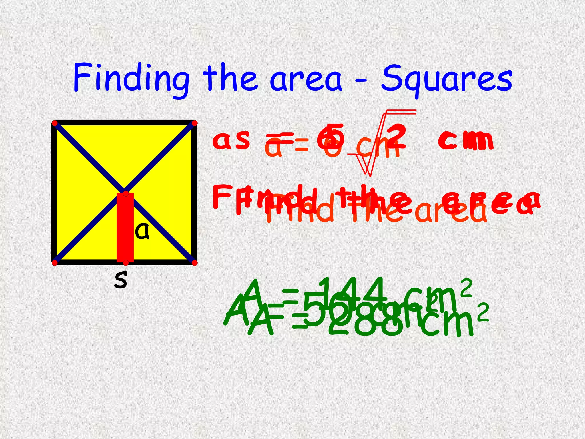 Finding the area - Squares a = 6 cm Find the area A = 144 cm 2 A = 288 cm 2 A = 50 cm 2 