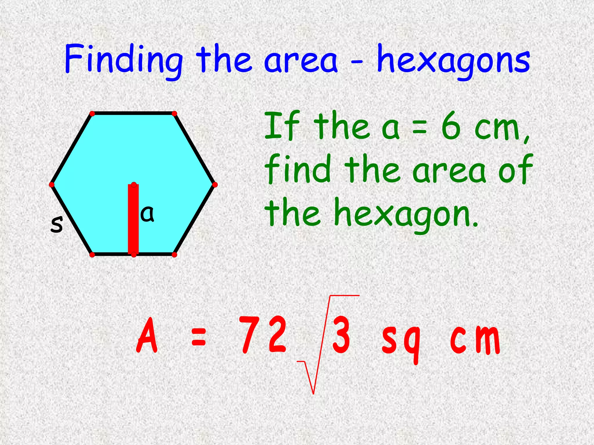 Finding the area - hexagons If the a = 6 cm, find the area of the hexagon. 