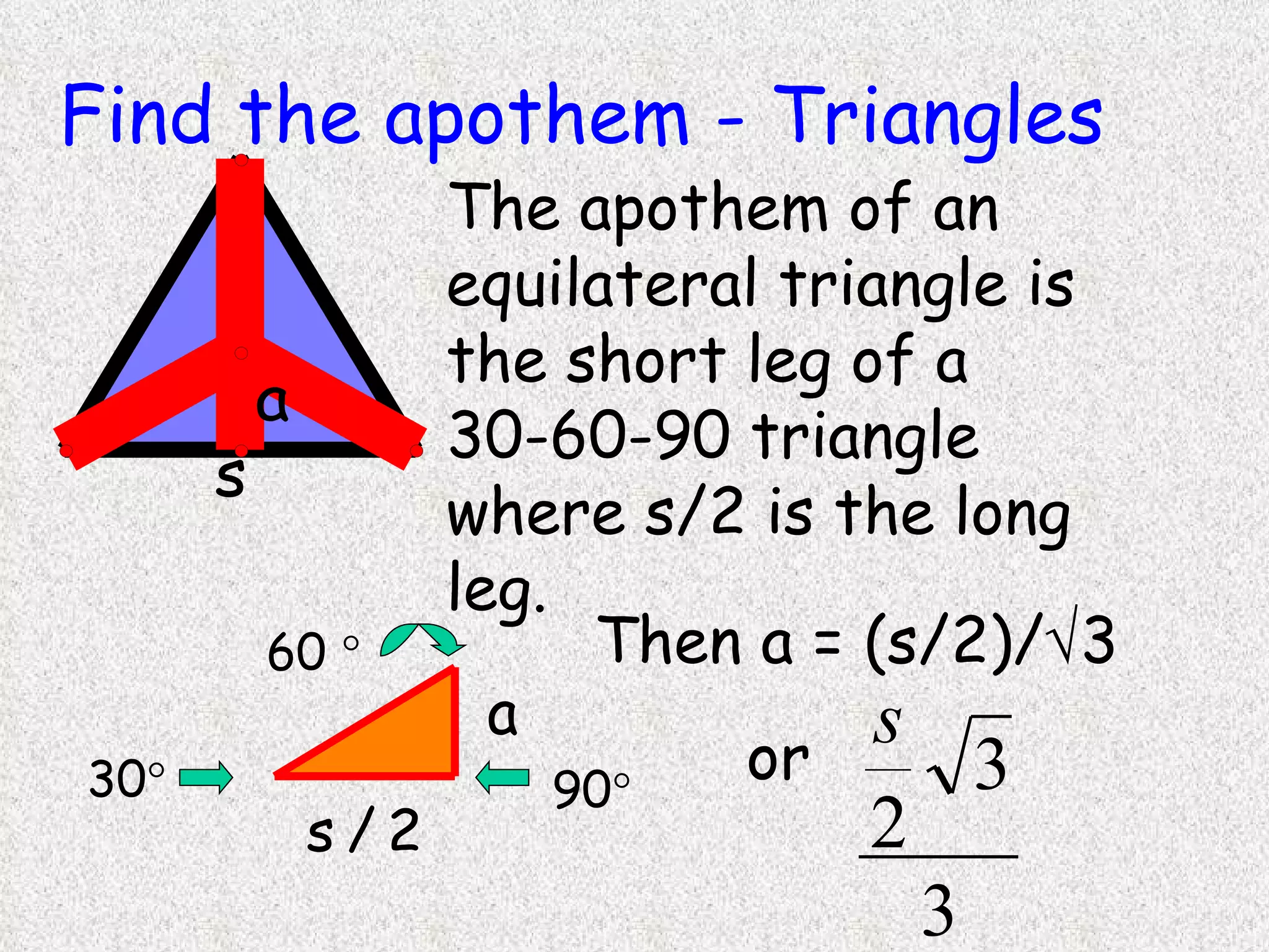 Find the apothem - Triangles The apothem of an equilateral triangle is the short leg of a 30-60-90 triangle where s/2 is the long leg. 30  60   90  Then a = (s/2)/  3 or  