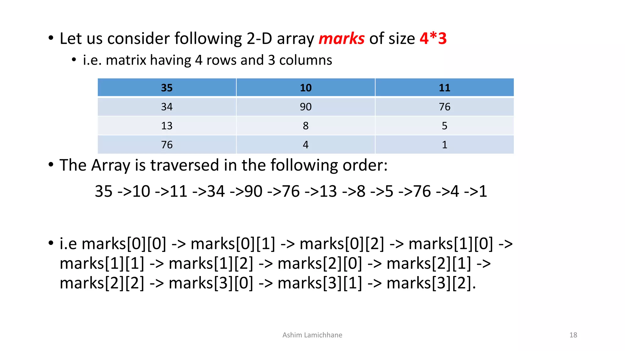 • Let us consider following 2-D array marks of size 4*3
• i.e. matrix having 4 rows and 3 columns
• The Array is traversed in the following order:
35 ->10 ->11 ->34 ->90 ->76 ->13 ->8 ->5 ->76 ->4 ->1
• i.e marks[0][0] -> marks[0][1] -> marks[0][2] -> marks[1][0] ->
marks[1][1] -> marks[1][2] -> marks[2][0] -> marks[2][1] ->
marks[2][2] -> marks[3][0] -> marks[3][1] -> marks[3][2].
35 10 11
34 90 76
13 8 5
76 4 1
Ashim Lamichhane 18
 