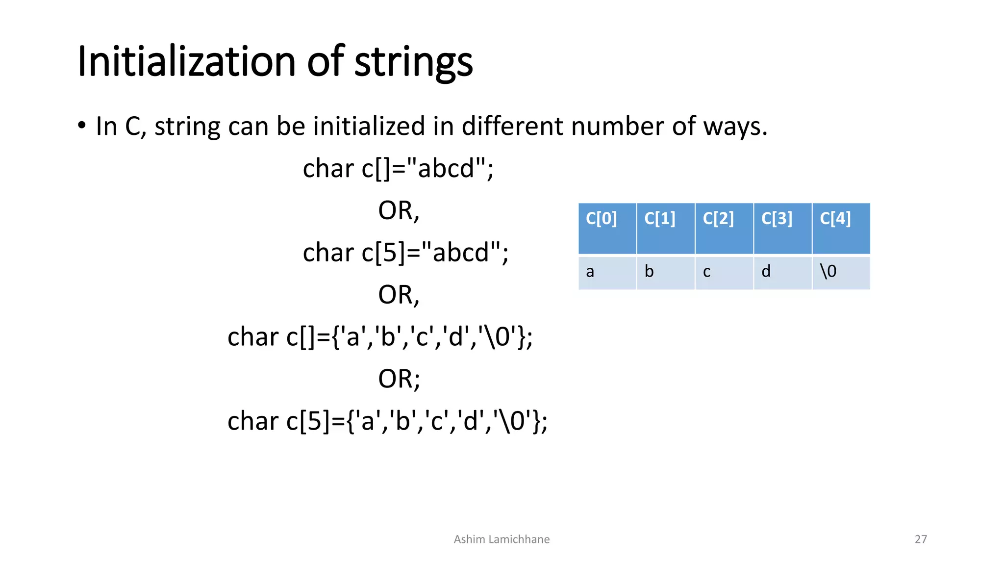 Initialization of strings
• In C, string can be initialized in different number of ways.
char c[]="abcd";
OR,
char c[5]="abcd";
OR,
char c[]={'a','b','c','d','0'};
OR;
char c[5]={'a','b','c','d','0'};
Ashim Lamichhane 27
C[0] C[1] C[2] C[3] C[4]
a b c d 0
 