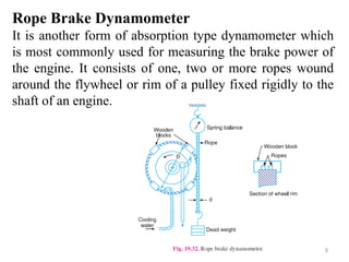 8
Rope Brake Dynamometer
It is another form of absorption type dynamometer which
is most commonly used for measuring the brake power of
the engine. It consists of one, two or more ropes wound
around the flywheel or rim of a pulley fixed rigidly to the
shaft of an engine.
 
