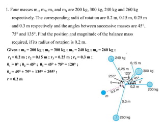 1. Four masses m1, m2, m3 and m4 are 200 kg, 300 kg, 240 kg and 260 kg
respectively. The corresponding radii of rotation are 0.2 m, 0.15 m, 0.25 m
and 0.3 m respectively and the angles between successive masses are 45°,
75° and 135°. Find the position and magnitude of the balance mass
required, if its radius of rotation is 0.2 m.
Given : m1 = 200 kg ; m2 = 300 kg ; m3 = 240 kg ; m4 = 260 kg ;
r1 = 0.2 m ; r2 = 0.15 m ; r3 = 0.25 m ; r4 = 0.3 m ;
θ1 = 0° ; θ2 = 45° ; θ3 = 45° + 75° = 120° ;
θ4 = 45° + 75° + 135° = 255° ;
r = 0.2 m
 