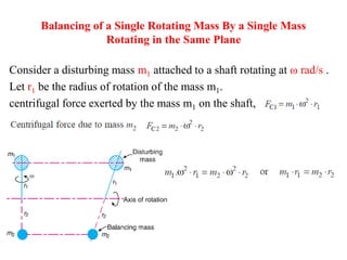 Balancing of a Single Rotating Mass By a Single Mass
Rotating in the Same Plane
Consider a disturbing mass m1 attached to a shaft rotating at ω rad/s .
Let r1 be the radius of rotation of the mass m1.
centrifugal force exerted by the mass m1 on the shaft,
 