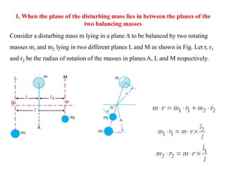 1. When the plane of the disturbing mass lies in between the planes of the
two balancing masses
Consider a disturbing mass m lying in a plane A to be balanced by two rotating
masses m1 and m2 lying in two different planes L and M as shown in Fig. Let r, r1
and r2 be the radius of rotation of the masses in planes A, L and M respectively.
 