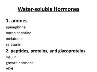 Water-soluble Hormones
1. amines
epinephrine
norepinephrine
melatonin
seratonin
2. peptides, proteins, and glycoproteins
insulin
growth hormone
ADH
 
