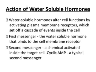 Action of Water Soluble Hormones
Water-soluble hormones alter cell functions by
activating plasma membrane receptors, which
set off a cascade of events inside the cell
First messenger - the water soluble hormone
that binds to the cell membrane receptor
Second messenger - a chemical activated
inside the target cell -Cyclic AMP - a typical
second messenger
 