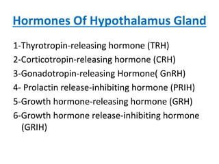 Hormones Of Hypothalamus Gland
1-Thyrotropin-releasing hormone (TRH)
2-Corticotropin-releasing hormone (CRH)
3-Gonadotropin-releasing Hormone( GnRH)
4- Prolactin release-inhibiting hormone (PRIH)
5-Growth hormone-releasing hormone (GRH)
6-Growth hormone release-inhibiting hormone
(GRIH)
 