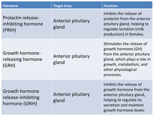 Hormone Target Area Function
Prolactin release-
inhibiting hormone
(PRIH)
Anterior pituitary
gland
Inhibits the release of
prolactin from the anterior
pituitary gland, helping to
regulate lactation (milk
production) in females.
Growth hormone-
releasing hormone
(GRH)
Anterior pituitary
gland
Stimulates the release of
growth hormone (GH)
from the anterior pituitary
gland, which plays a role in
growth, metabolism, and
other physiological
processes.
Growth hormone
release-inhibiting
hormone (GRIH)
Anterior pituitary
gland
Inhibits the release of
growth hormone from the
anterior pituitary gland,
helping to regulate its
secretion and maintain
growth hormone levels.
 