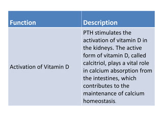 Function Description
Activation of Vitamin D
PTH stimulates the
activation of vitamin D in
the kidneys. The active
form of vitamin D, called
calcitriol, plays a vital role
in calcium absorption from
the intestines, which
contributes to the
maintenance of calcium
homeostasis.
 