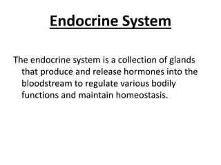 Endocrine System
The endocrine system is a collection of glands
that produce and release hormones into the
bloodstream to regulate various bodily
functions and maintain homeostasis.
 
