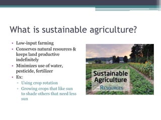 What is sustainable agriculture?
• Low-input farming
• Conserves natural resources &
keeps land productive
indefinitely
• Minimizes use of water,
pesticide, fertilizer
• Ex:
▫ Using crop rotation
▫ Growing crops that like sun
to shade others that need less
sun
 