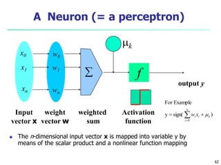 62
A Neuron (= a perceptron)
 The n-dimensional input vector x is mapped into variable y by
means of the scalar product and a nonlinear function mapping
mk
-
f
weighted
sum
Input
vector x
output y
Activation
function
weight
vector w

w0
w1
wn
x0
x1
xn
)
sign(
y
Example
For
n
0
i
k
i
i x
w m

 

 