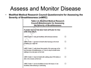 Assess and Monitor Disease
• Modified Medical Research Council Questionnaire for Assessing the
Severity of Breathlessness (mMRC)
 