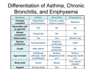 Differentiation of Asthma, Chronic
Bronchitis, and Emphysema
Symptom Asthma Bronchitis Emphysema
Principal
complaint
Intermittent
bronchospasm
Chronic cough,
copious sputum
Dyspnea
Reversible with
β2-agonists
Yes No No
Allergic
component
Frequently No No
Inflammation Yes Yes Alveoli only
Sputum
production
During attacks
Copious,
continuous
Little
Cough After attack
Constant,
productive
No
Age of onset
Childhood
(allergic); adult
(nonallergic)
20-30 yr
(Diagnosis at 50
yr+)
30-40 yr
(Diagnosis at 60
yr+)
Body build Varied Obese
Thin, barrel-
chested
Hypoxic During attack Yes No
 