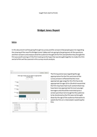 laugh from start to finish.
Bridget Jones Report
Intro
In thisdocumentIwill be goingthroughmysurveyandthe answersthatpeople gave me regarding
the viewingof the newfilmBridgetJones’sBabyandIam goingto be goingoverall the questions
and theiranswersandanalyse whatthe audience thoughtof the filmandwhethertheythoughtthe
filmwasworthseeingorif the filmliveduptothe hype that wasbroughttogetherto make thisfilm
and all of thiswill be coveredinthissurveyresultsanalysis.
The firstquestionwasregardingthe age
appropriationforthe filmandmostof the
surveyanswersreflectedthatthe most
appropriate age range for thisfilmhasto be
appropriate forages16 to 18 whichmeantthat
the filmmayhave had much contentthatmay
have beentooappropriate forevenyounger
teenagersandshouldbe restricteduptoa
certainpointbutnot enoughforthe audience
to be shortenedsothe filmwasnotbrought
downby the age of the audience thatwantsto
watch the filmoris interestedinwatchingthe
film.
 
