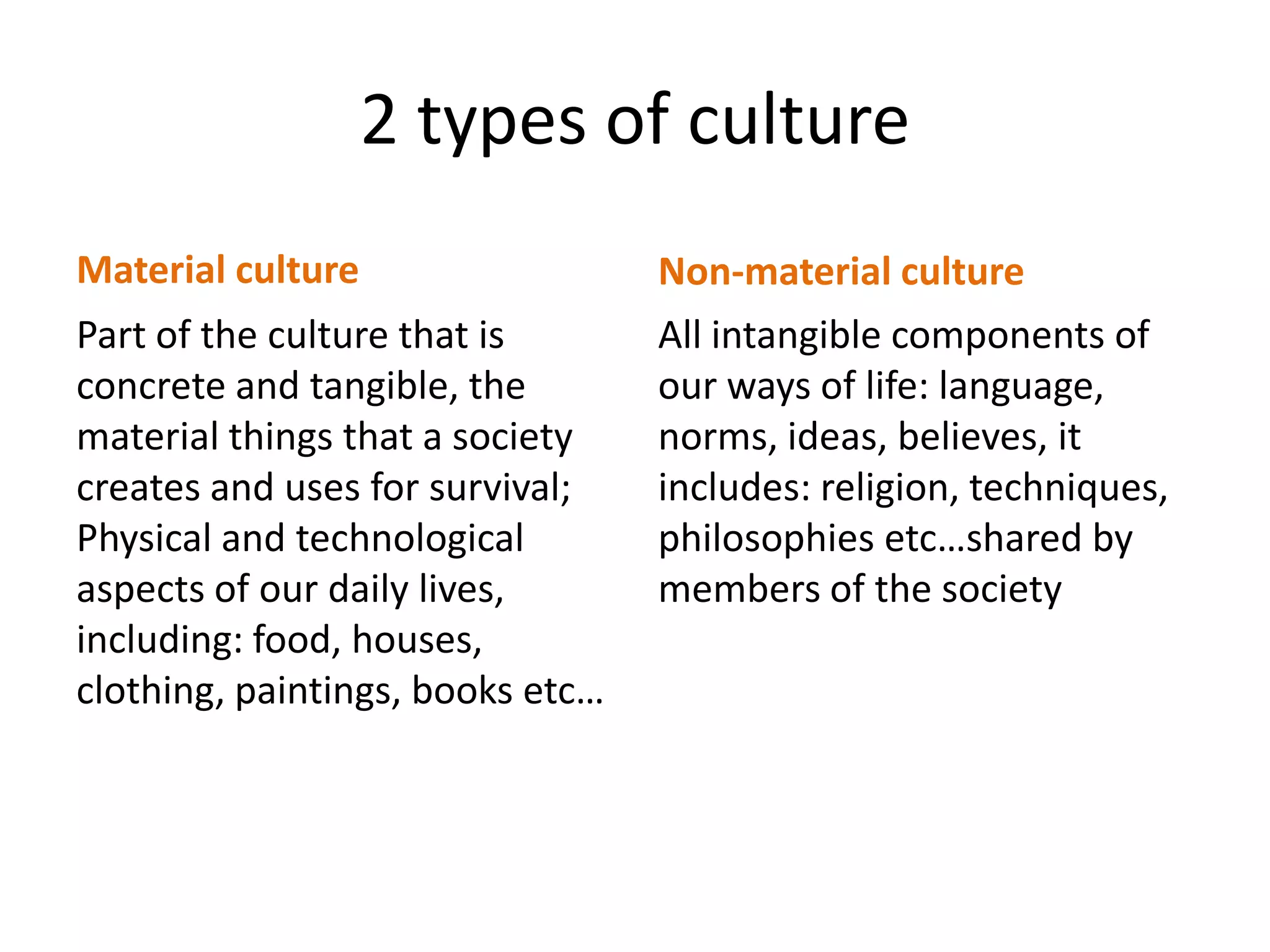 2 types of cultureMaterial culturePart of the culture that is concrete and tangible, the material things that a society creates and uses for survival; Physical and technological aspects of our daily lives, including: food, houses, clothing, paintings, books etc…Non-material cultureAll intangible components of our ways of life: language, norms, ideas, believes, it includes: religion, techniques, philosophies etc…shared by members of the society