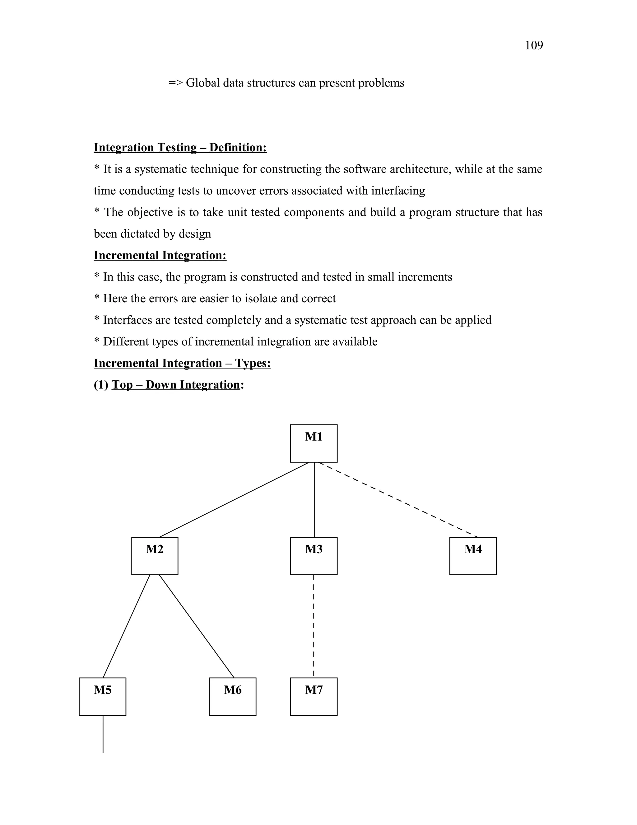 109
=> Global data structures can present problems

Integration Testing – Definition:
* It is a systematic technique for constructing the software architecture, while at the same
time conducting tests to uncover errors associated with interfacing
* The objective is to take unit tested components and build a program structure that has
been dictated by design
Incremental Integration:
* In this case, the program is constructed and tested in small increments
* Here the errors are easier to isolate and correct
* Interfaces are tested completely and a systematic test approach can be applied
* Different types of incremental integration are available
Incremental Integration – Types:
(1) Top – Down Integration:

M1

M2

M5

M3

M6

M7

M4

 